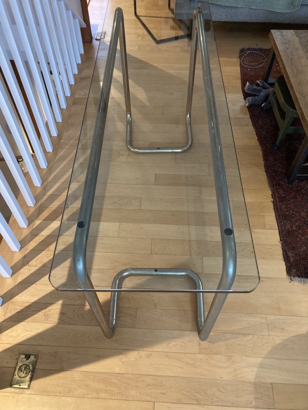 Vintage Mid Century modern Console Table with Brass Frame and Glass Top gallery