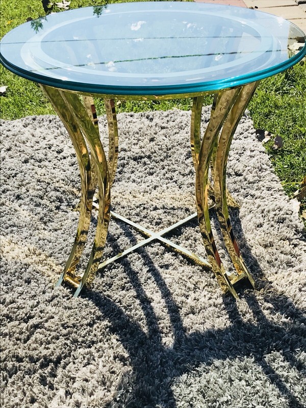 Vtg End Table 80s Gold Forged Brass Bevelled Frame & Glass MCM Hollywood Regency gallery