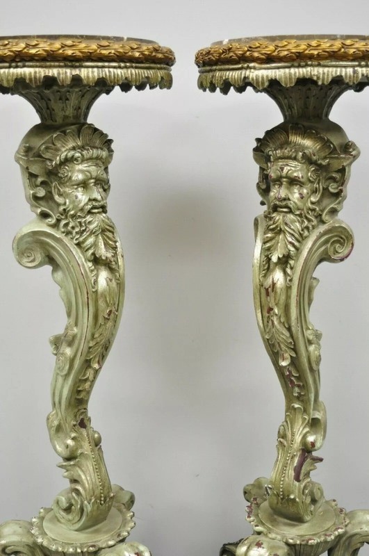 Italian Baroque Style Marble Top Figural Bearded Man Pedestal Stands - a Pair gallery