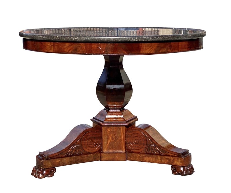 19TH C ANTIQUE MAHOGANY ROUND EMPIRE PARLOR TABLE WITH ONYX DISH TOP gallery