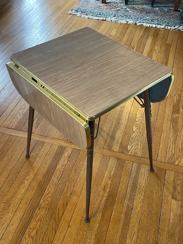 Mid-Century Modern Drop Leaf Dinette Table Atomic 1950s Formica Brass Trim Folds gallery