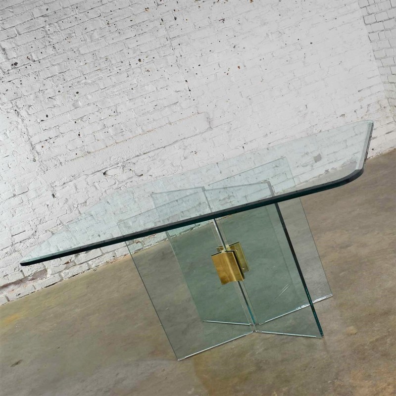 Glass Dining Table with Brass Plated Connector Attributed to The Pace Collection gallery