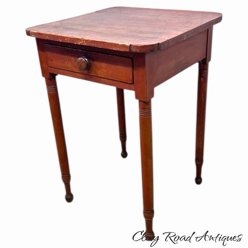 Pennsylvania 1800s red painted work table pine shaped top dovetailed stand