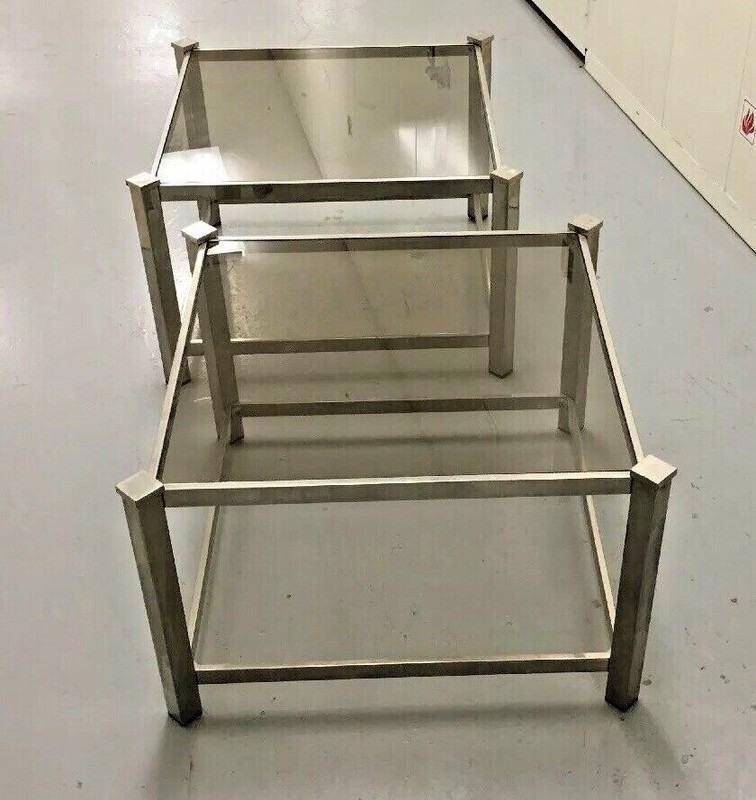 MID CENTURY MODERN HOLLYWOOD REGENCY LOW TABLES STAINLESS & GLASS PAIR gallery