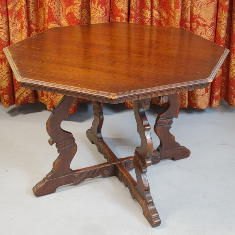 Antique Octagon Wood Center Table Carved Walnut Jacobean Renaissance Card Game gallery