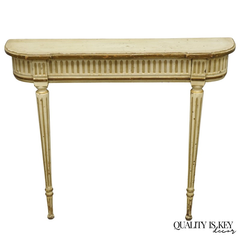 Vintage French Provincial Louis XVI Distress Cream Painted Wall Console Table