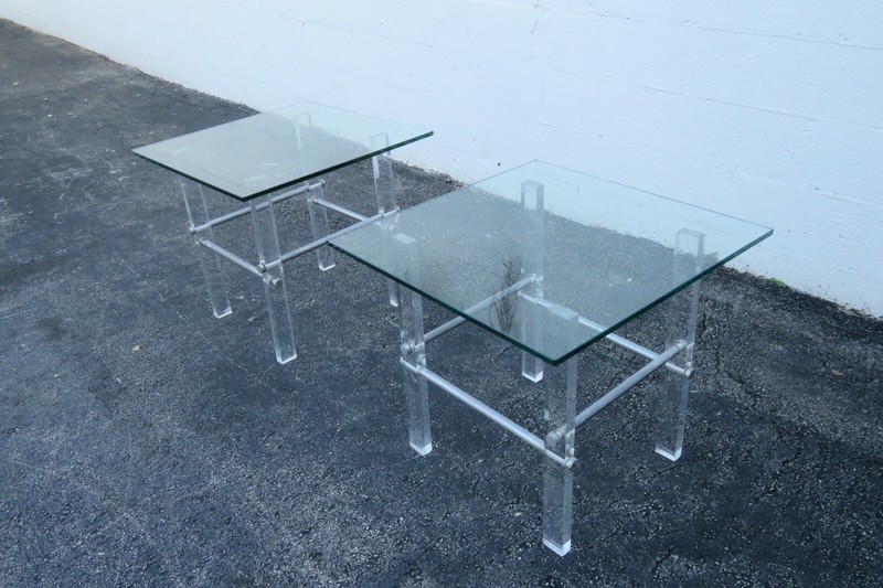 Mid Century Lucite Acrylic Glass Top Pair of Side Tables 2264 gallery