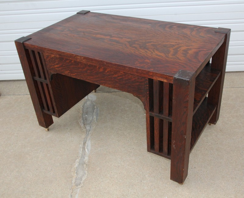 Antique Arts & Crafts Mission Tiger Oak Library Table SlatSide Bookshelves Desk gallery