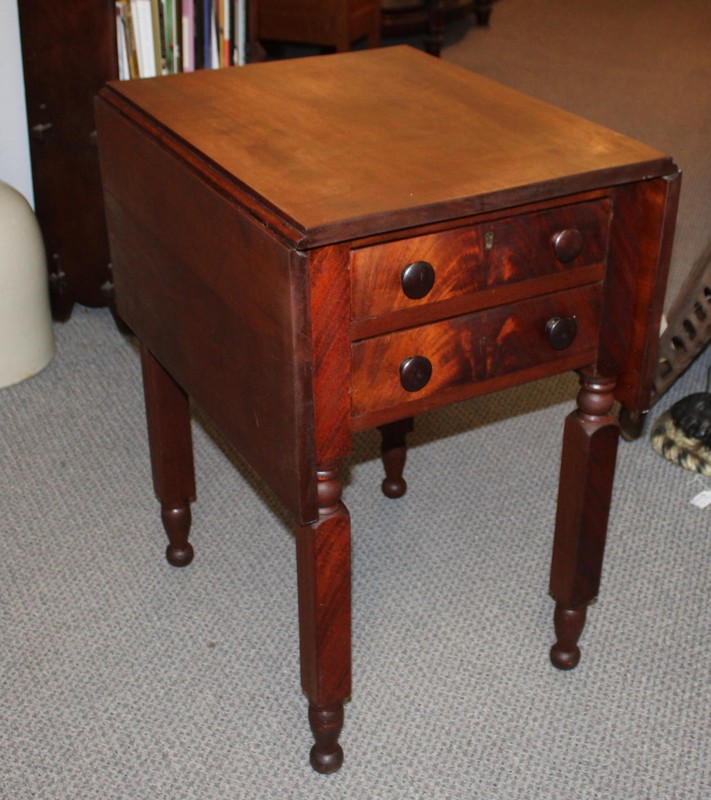 Antique Early American Mahogany Drop Leaf Side Table – 2 Drawers