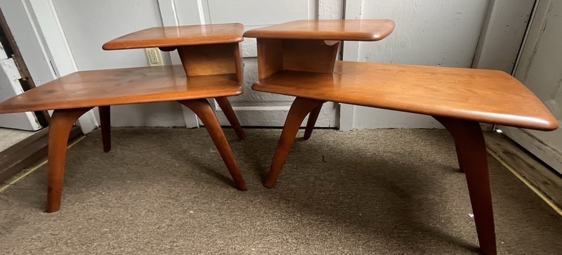 MCM Haywood Wakefield Winthrop Pair 2 Tier Side Tables Original Finish
