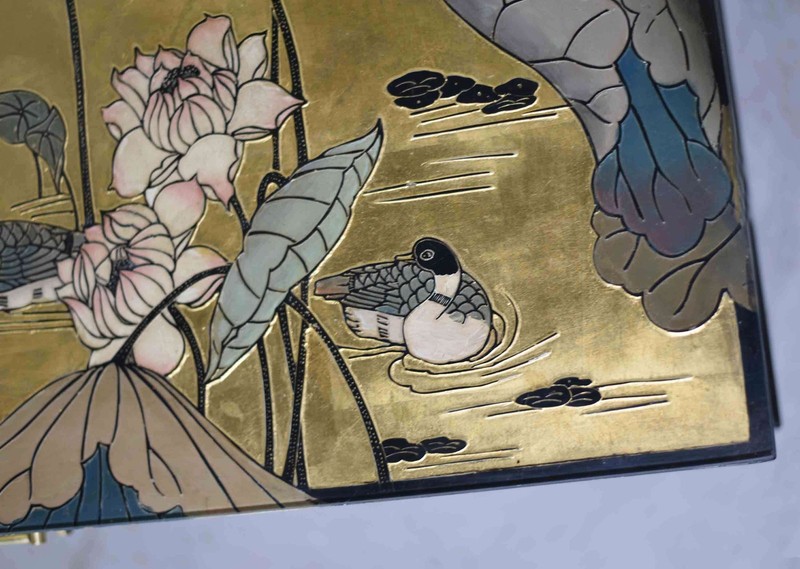 Mid Century Chinoiserie Gold Lotus & Birdlife Motif Coffee Table gallery