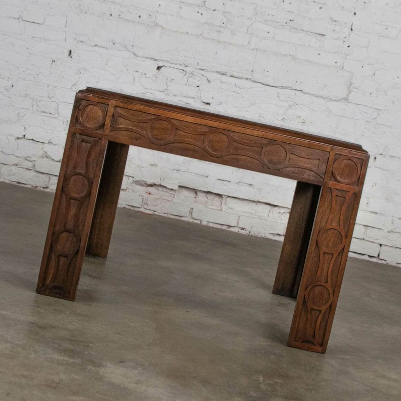 Vintage Modern Square Lane End or Side Table Carved Leg Design & Chevron Veneer gallery