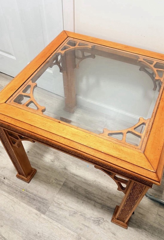 Chinese Chippendale Fruitwood Glass Inset Side Table
