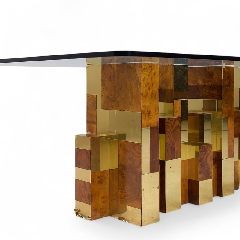 Paul Evans Mid Century Cityscape Burlwood and Brass Dining Table gallery