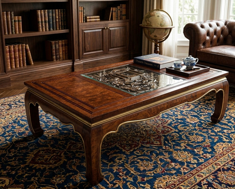 Vintage Burl Walnut Coffee Table: Hand-Carved Asian Landscape, Glass Top, Hidden