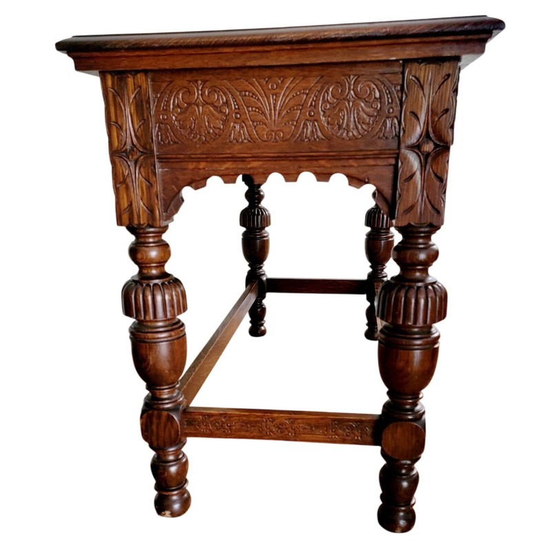 Robert Mitchell Furniture Co Antique Desk Library Table Oak Brown Carved 48in gallery
