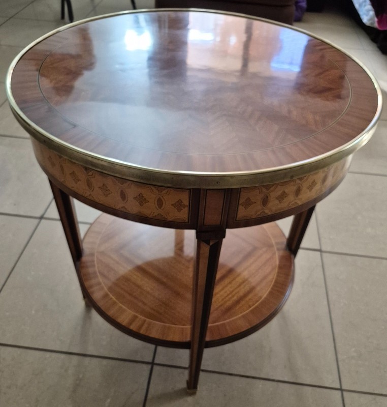 Vintage Louis XVI Side Table with Brass Gallery, Shelf & Swing drawer gallery