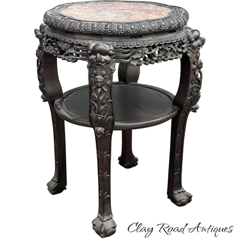 Antique large Chinese rosewood rose marble top stand center table carved 1880 gallery