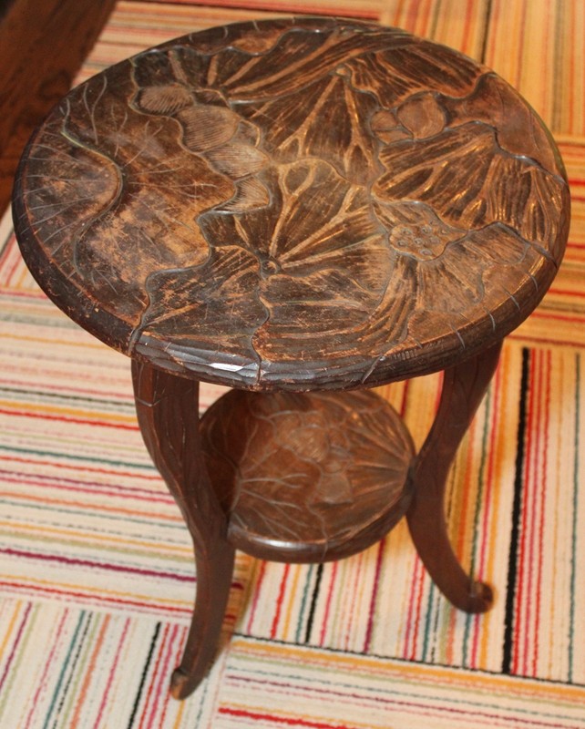 Antique Carved Wood Table Round Side Occasional End Accent two tiered wooden