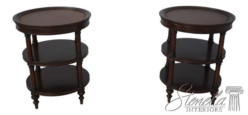L68282: Pair Round Leather Top Distressed Finish Occasional Tables