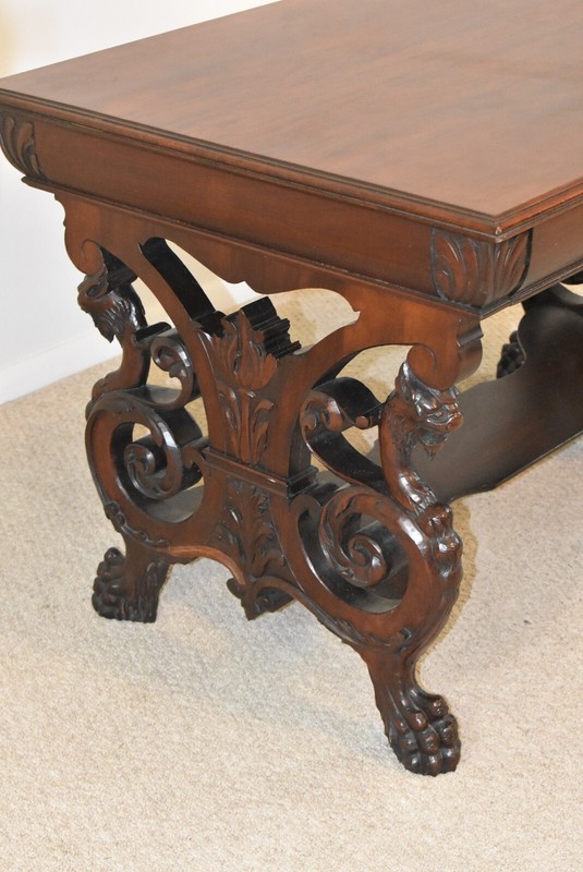 Antique Mahogany Library Table Gargoyle Detaied Base Paw Feet Circa 1890's gallery