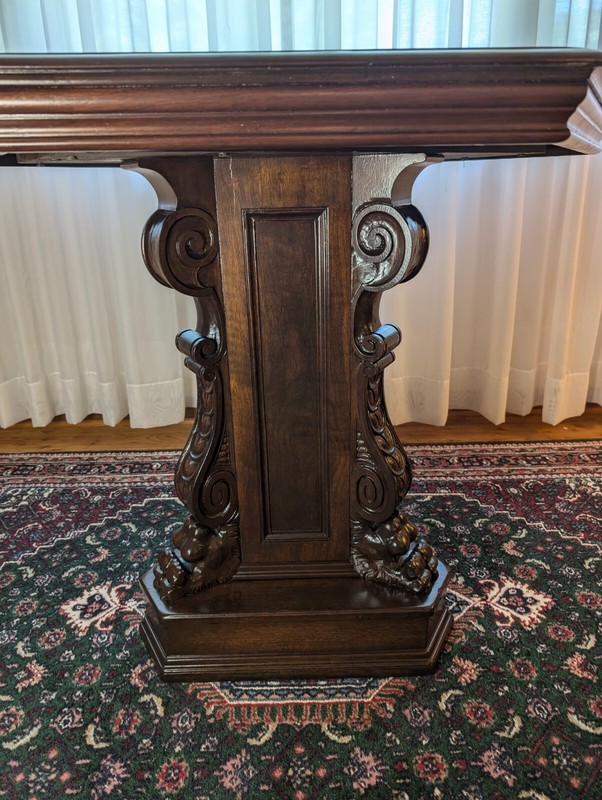 DRAGON SCALES! Fine 19th c American Renaissance Carved Walnut Pedestal Table 35" gallery