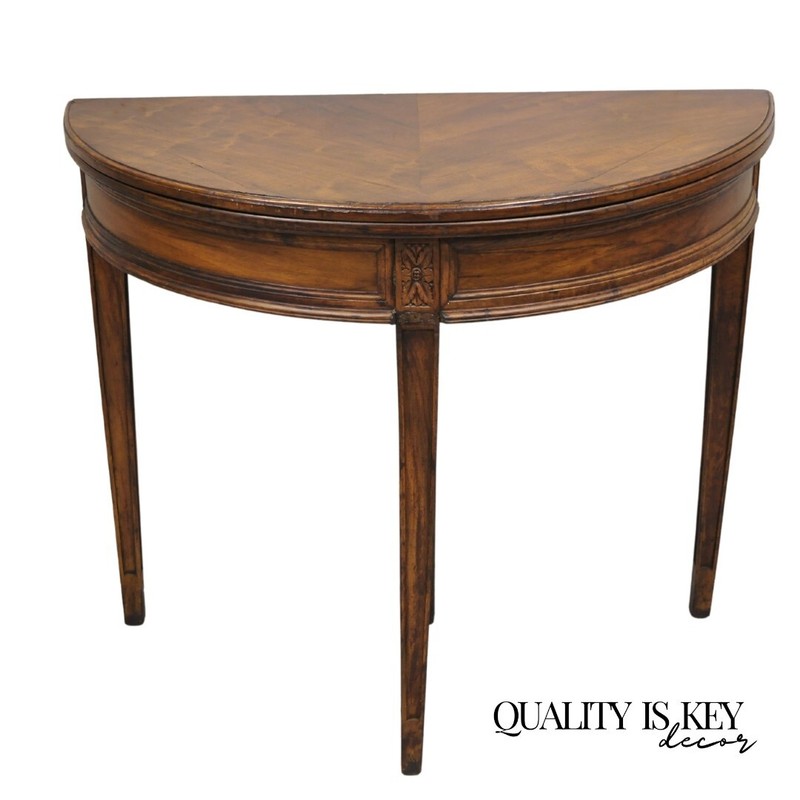 Antique Mahogany Demilune Flip Top Console Game Table with Hidden Drawer