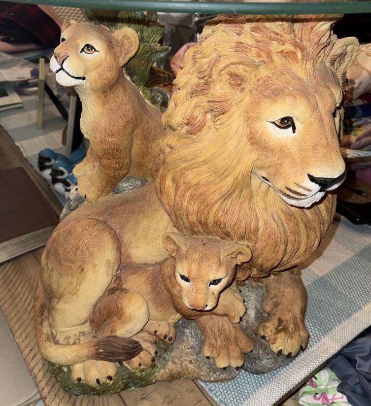 Lion & Cubs 2001 Domestications Glass Top End Table Stand Resin”RARE “ gallery