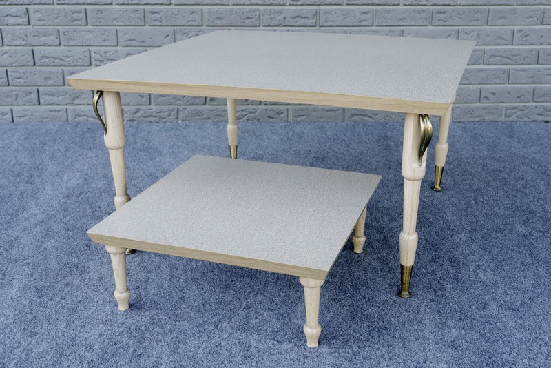 Mid Century Modern Blonde & Gold Tone Modular Two Tier Coffee End Table - 30"