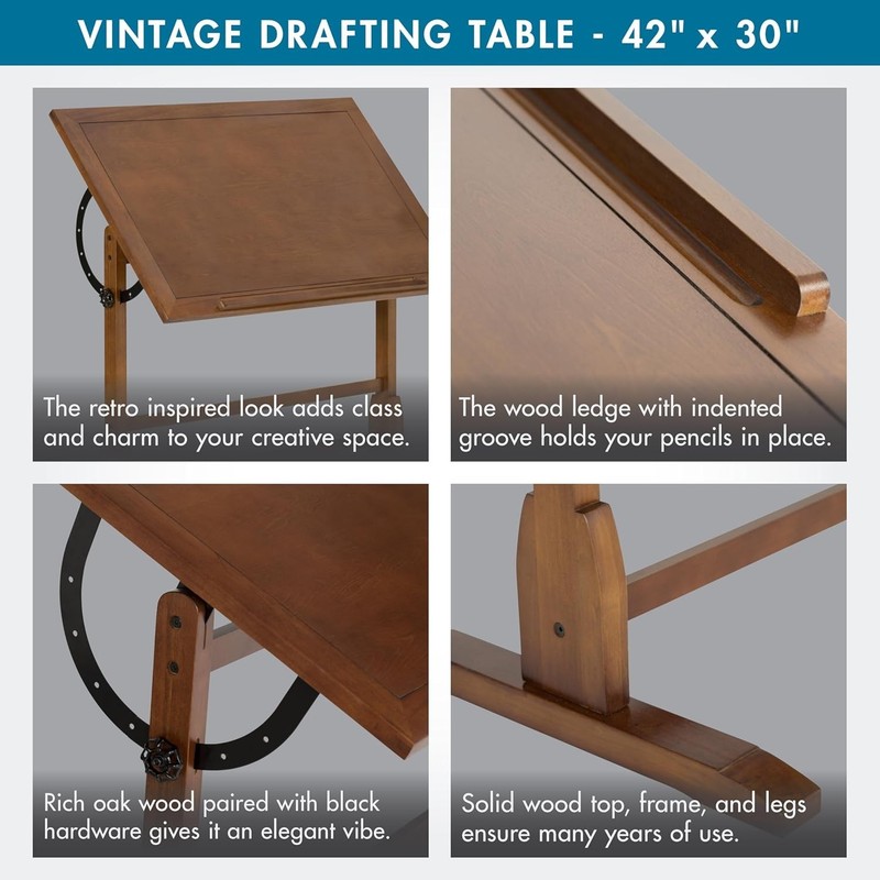 Antique Design Drafting Table with Pencil Groove Adjustable Angle Rustic Oak gallery