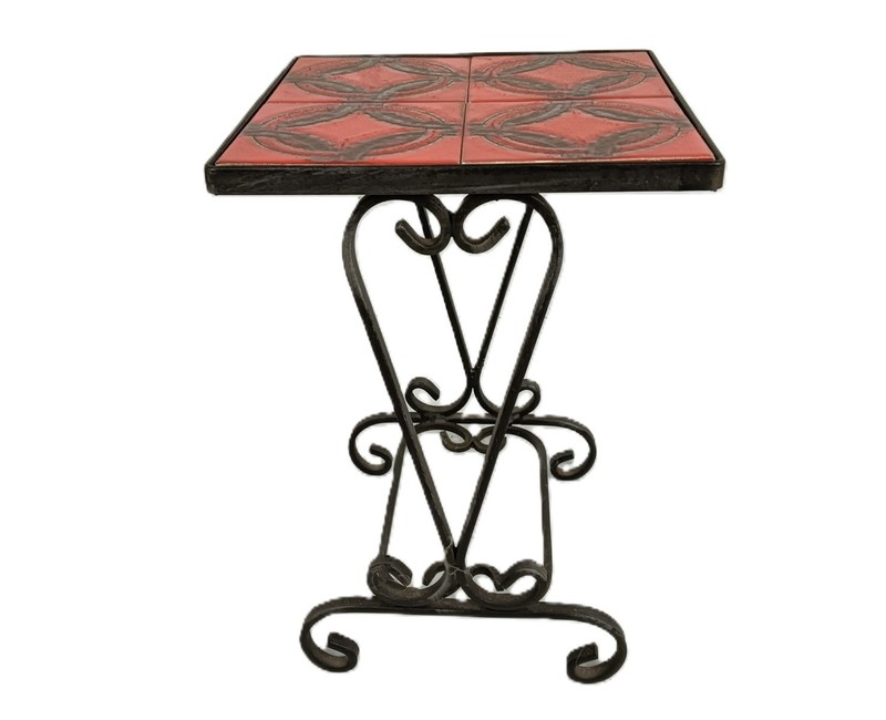 Vintage Wrought Iron & Ceramic Tile Side Table with Red Abstract Design