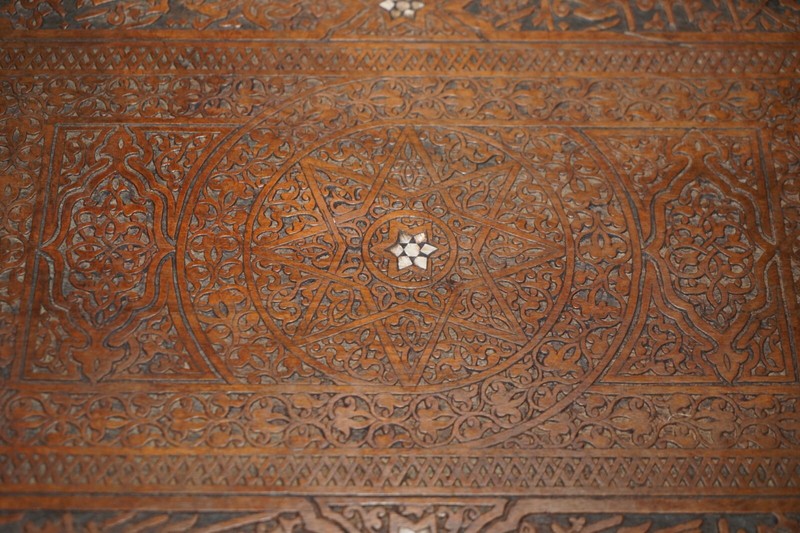 ANTIQUE MOROCCAN HAND CARVED LIBERTY'S LONDON MOTHER OF PEARL SILVER TEA TABLE gallery