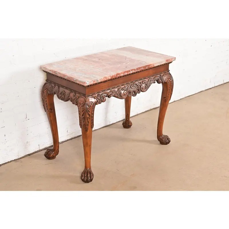 Baker Furniture Chippendale Carved Walnut and Marble Top Console Table gallery