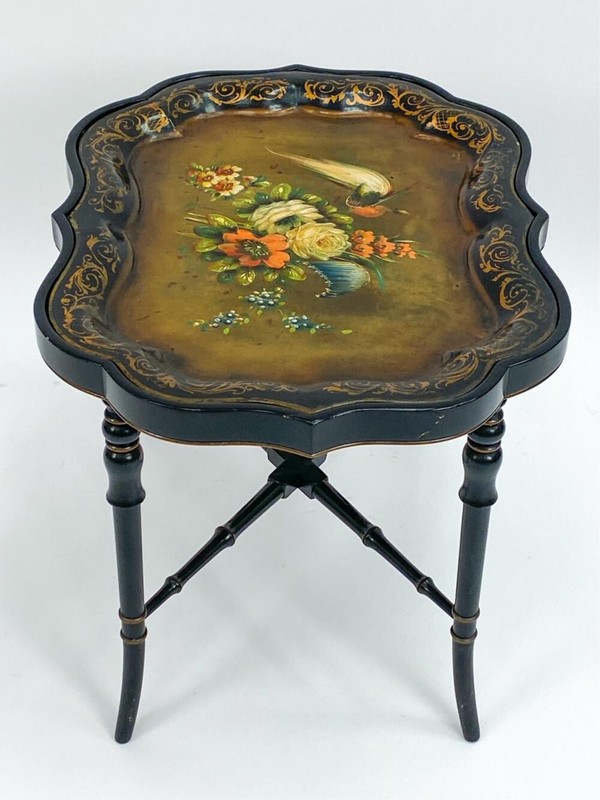 19th Century Hand Painted Tole Tray Top and Bamboo Base Coffee Table gallery