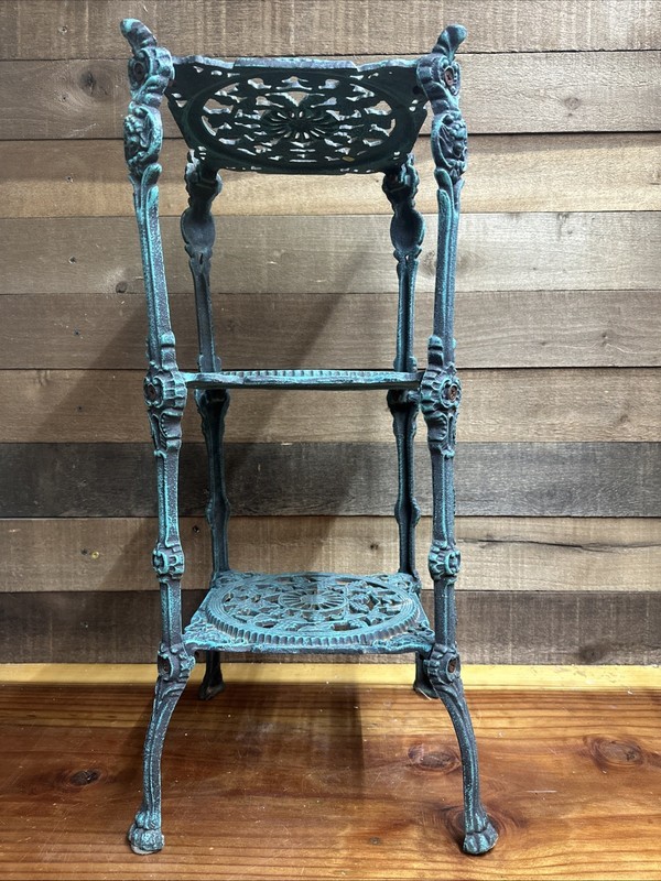 Vintage Verdigris Cast Iron 3 Tier Ornate Filigree table Renaissance Very Heavy