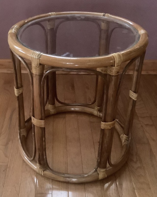 Vintage Rattan Bamboo Round Side End Table Glass Top MCM Tiki Boho Drum