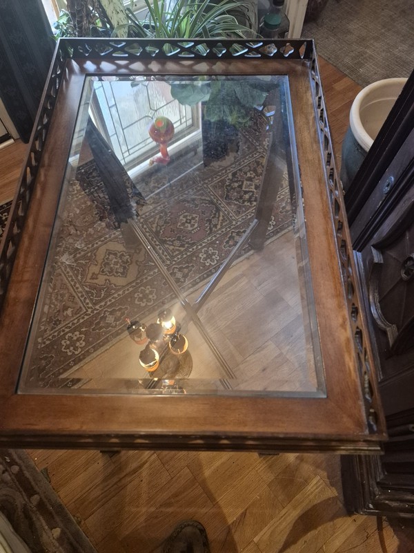 Antique Rectangular Wood Accent Table with Glass Top and Carved Details