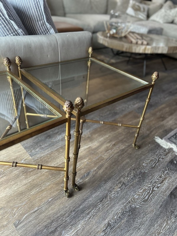 Mid Century Faux Bamboo Hollywood Regency Brass Square Side Tables gallery