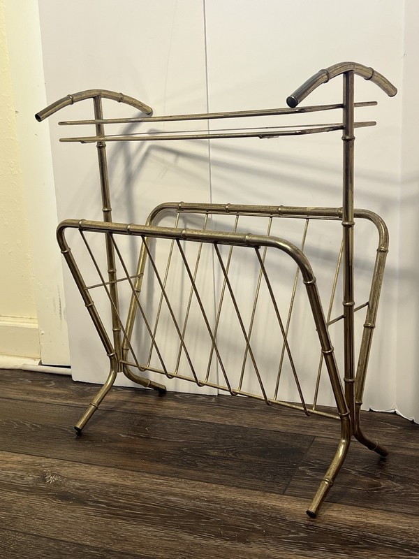 VTG MCM Faux Bamboo Hollywood Regency Brass Glass Top Side Table & Magazine Rack gallery