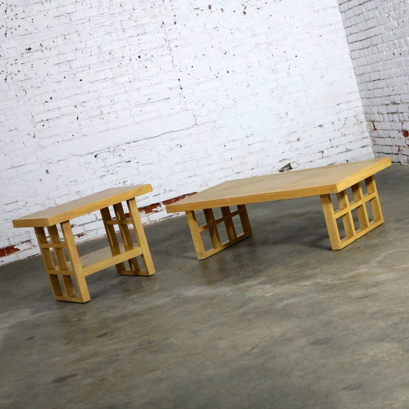 Mid Century Modern Blonde Oak Window Pane End Table and Coffee Table Pair