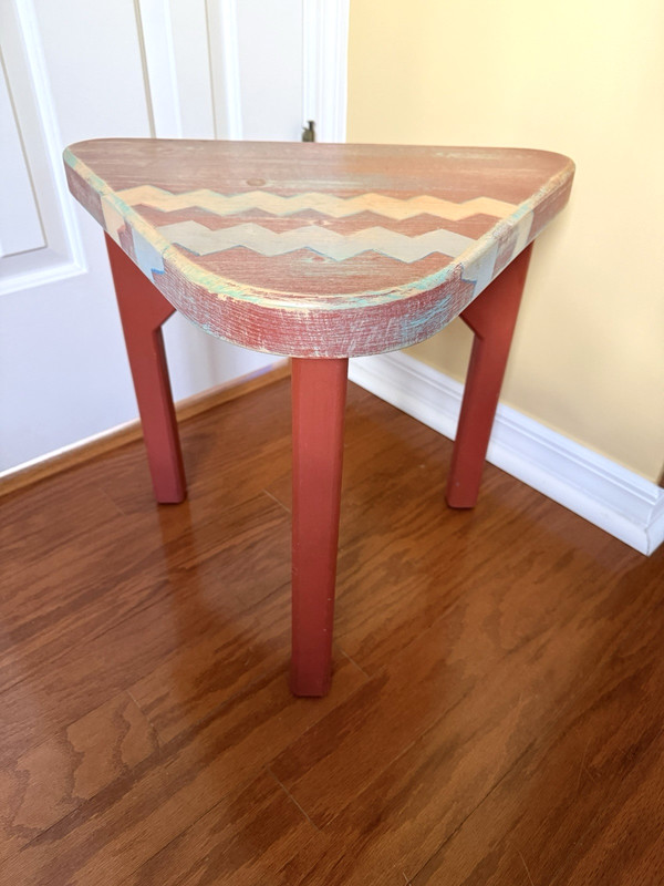 Vintage Tri Pod Small Table Hand Painted Southwestern Aztec, Santa Fe CIRCA 1988