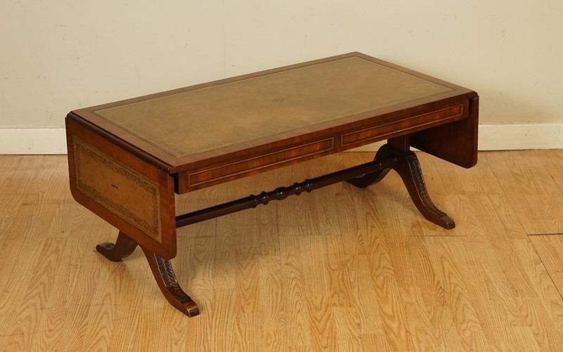 VINTAGE BEVAN FUNNELL EXTENDING MAHOGANY COFFEE TABLE WITH LEATHER TOP gallery