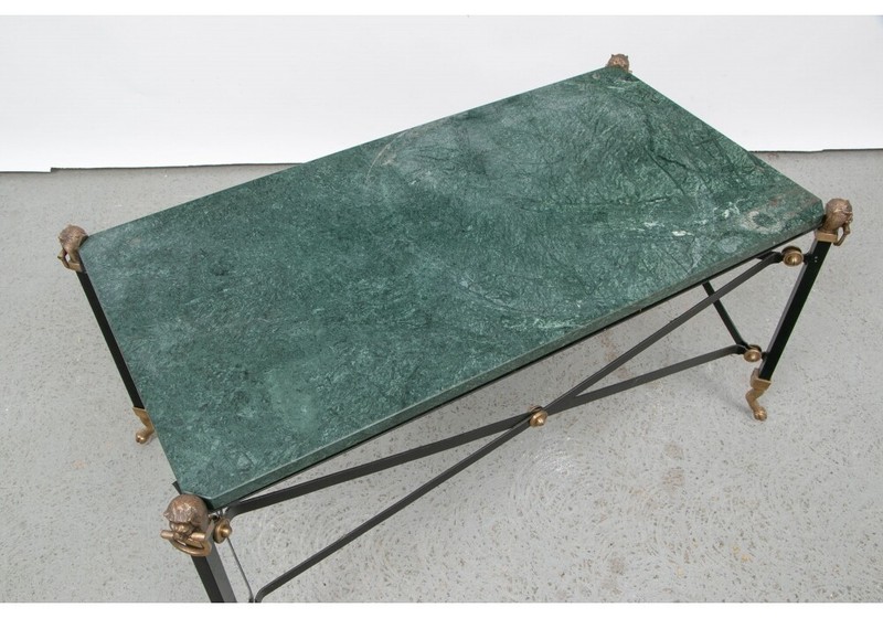 Neoclassical Green Marble Top Cocktail Table With A Campaign Style Iron Base gallery