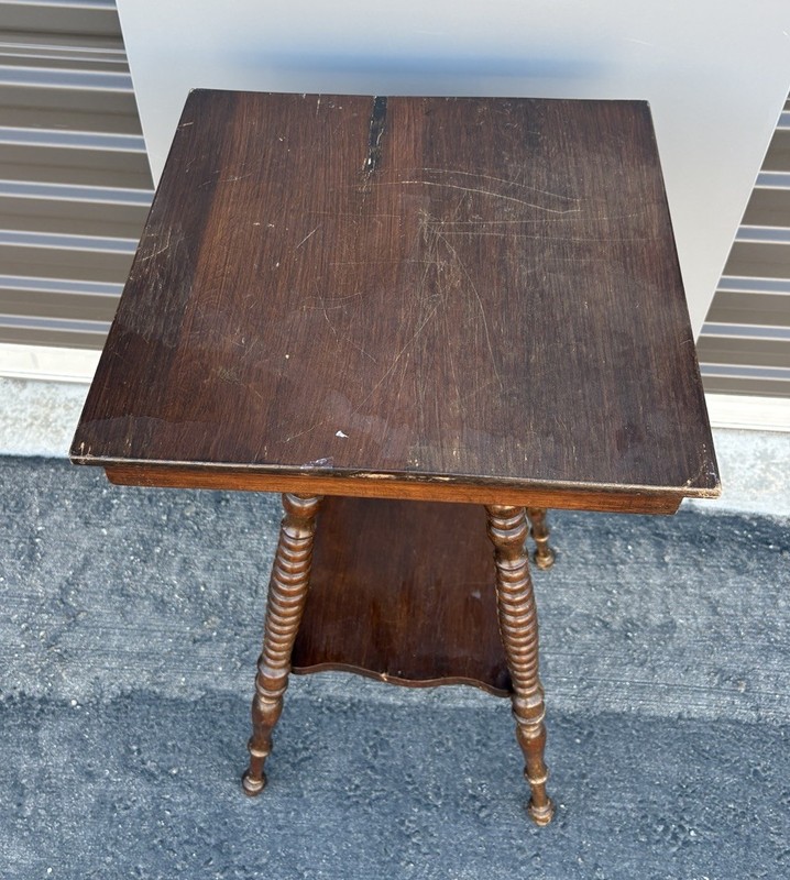 Antique Victorian Square Table with bottom shelf two tier Solid Mahogany gallery
