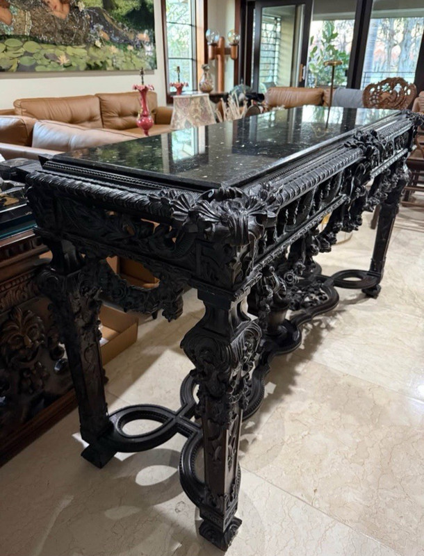 Monumental Hand-Carved Wood Console Table With Heavy Marble Top gallery
