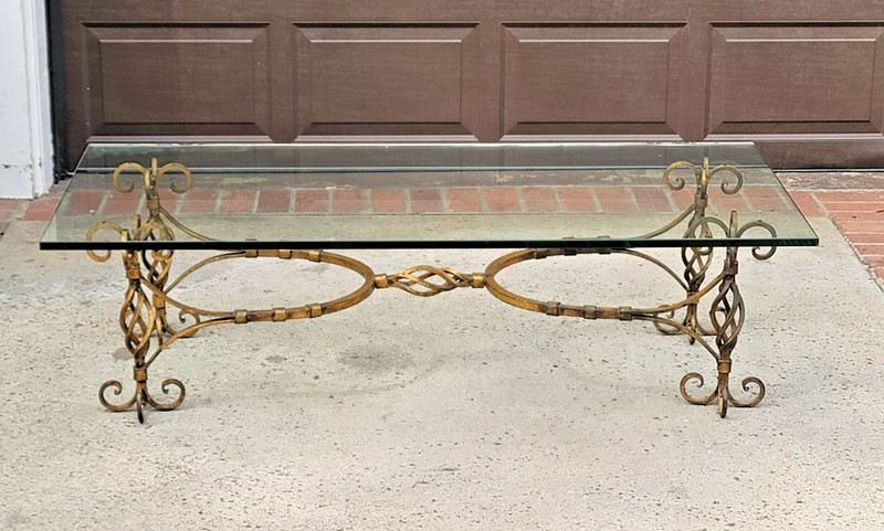 c.1950 Mid-Century Gilt Gold Wrought Iron & Glass Coffee Table Hollywood Regency gallery