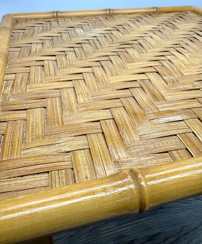 VTG Mid Century Bamboo Side Table Woven Rattan Top Boho MCM Accent Plant Stand gallery