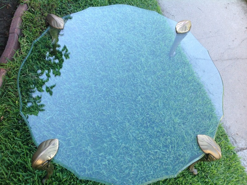 Vintage 60's Glass Table Top With 4 Brass Legs Coffee Table 41" Diameter gallery