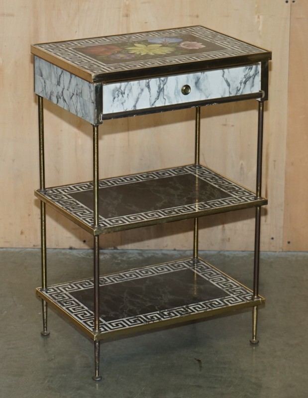 PAIR OF REGENCY STYLE FAUX MARBLE THREE TIERED ETAGERES SIDE END TABLES DRAWERS gallery