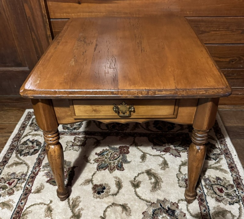 Vintage Wood Side Table With Drawer 22” X 26” X 20 3/4” gallery